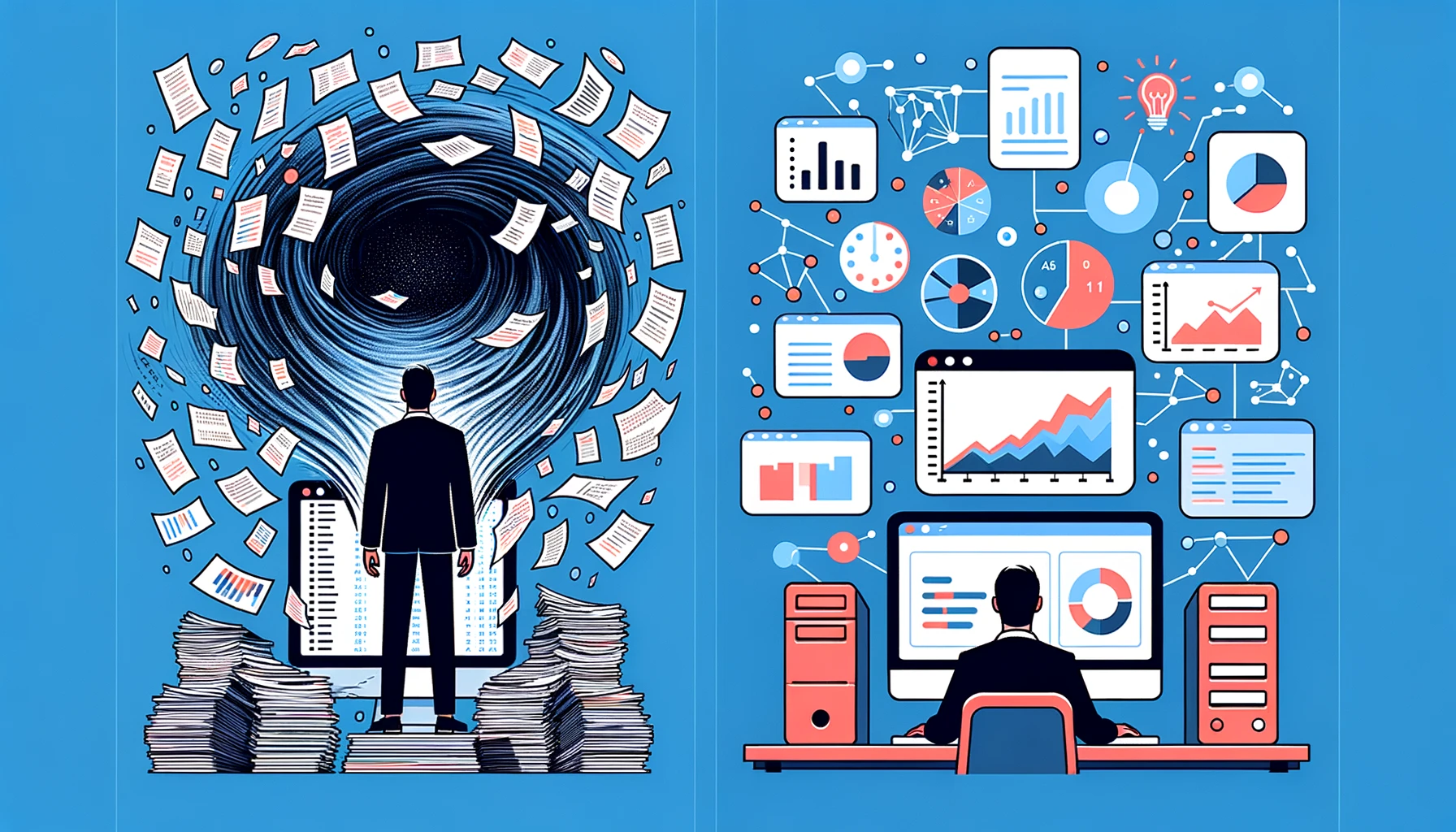 Illustration of Data Overwhelm vs. AI Clarity: On the left, a business person stands in a whirlwind of digital files, data points, and virtual charts, depicting the chaos of traditional data management. On the right, the same person, now at ease, is viewing a computer with advanced AI algorithms, statistical visualizations, and clarity brought by AI-powered tools.