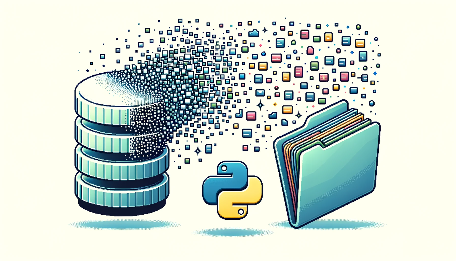 Vector: On the left, a MySQL database icon begins to pixelate and break apart. The disintegrated pixels move towards the right and reassemble to form a directory folder icon. From this folder, multiple file icons are emerging. Floating between the database and the directory are snippets of Python code, acting as a bridge. Above the entire scene, a softly glowing Python logo illuminates everything.