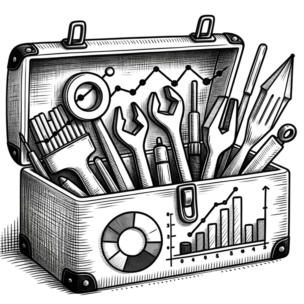 Drawing of a toolbox with tools peeking out, each tool is shaped like a data visualization icon such as a histogram, line graph, and pie chart, showcasing the various tools and tricks in data engineering.