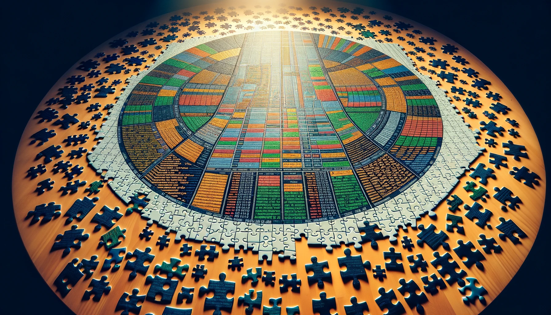 Photo of a large, intricate jigsaw puzzle on a table with pieces made out of JSON code snippets. The puzzle is almost complete, showing a nearly finished image of a database table with rows and columns. Some puzzle pieces are still scattered around, waiting to be placed. The light source above casts a warm glow, highlighting the complexity and the various colors of the JSON data. This represents the process of defining a PySpark schema in a data pipeline.