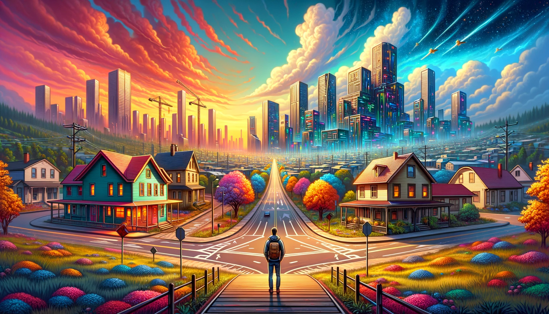 A wide, landscape-oriented image featuring a traveler at a pivotal crossroads under bright, colorful skies. The background shows a cozy suburban neighborhood with charming houses and small streets bustling with people, symbolizing the tool 'Pandas.' This area radiates warmth, comfort, and familiarity. To the left, a path leads towards a modern cityscape representing 'Apache Spark,' with towering skyscrapers, cranes, and construction, indicating power, heavy loads, and complexity. The atmosphere is dynamic but intimidating. To the right, another path leads to a futuristic city, embodying 'DuckDB.' This city showcases sleek, streamlined structures and advanced technology, blending efficiency with high performance. In the center, a figure of a traveler stands at the crossroads, contemplating the paths ahead, symbolizing the decision-making process of data engineers. The overall scene is optimistic, highlighting the exciting possibilities of each tool in data engineering.
