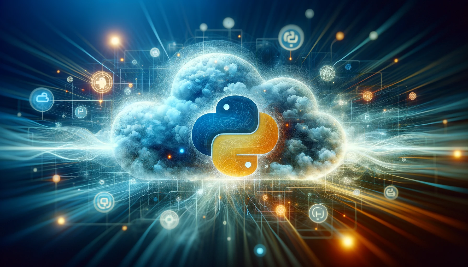 A modern, abstract digital artwork symbolizing cloud computing and automation in Python scripting. The image should feature ethereal, floating clouds interspersed with subtle Python symbols and digital motifs, conveying a sense of advanced technology and innovation. The color palette should be a blend of cool blues and warm oranges, creating a dynamic and engaging visual. The composition should be balanced and suitable for use as a wide featured image, with space for text overlay if needed.