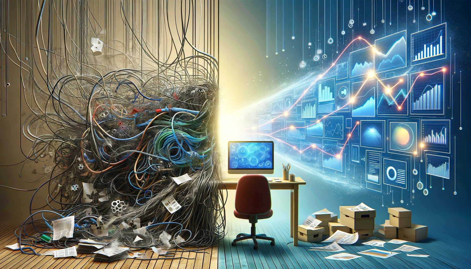This image should creatively represent the journey from overwhelming complexity to streamlined simplicity within the context of business intelligence (BI) reporting. Envision the left side featuring a tangled, chaotic mess of wires, graphs, and screens, symbolizing the confusion and frustration often felt by non-technical users attempting to create their own BI reports and dashboards from scratch. This chaos gradually transforms into a clean, organized workspace on the right, with a sleek computer displaying a beautifully simple, intuitive dashboard. The transformation should be depicted as a seamless flow, suggesting the ease with which users can transition to a more user-friendly approach to BI, where pre-made dashboards simplify the process of data analysis. The atmosphere should be hopeful and enlightened, emphasizing the liberation from complexity.