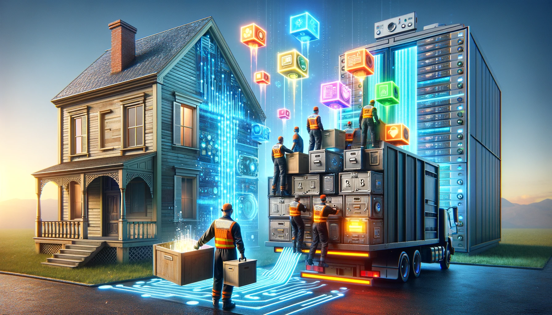 Imagine a metaphorical scene depicting a moving company specialized in data transfer. The movers, dressed in futuristic uniforms, are using advanced technology-themed equipment to carry and transfer glowing symbolic data units from an old-fashioned house to a modern, high-tech storage facility. The data units, representing files, folders, and multimedia, glow brightly in various colors, emphasizing the transfer of information. The old house is traditional and vintage, while the storage facility is sleek, contemporary, and brimming with cutting-edge technology. The environment is bright and clear, underscoring the transition from the analog past into the digital future, making the scene visually compelling and full of contrast between the old and the new. This scene illustrates the process of data migration in an imaginative and engaging way.
