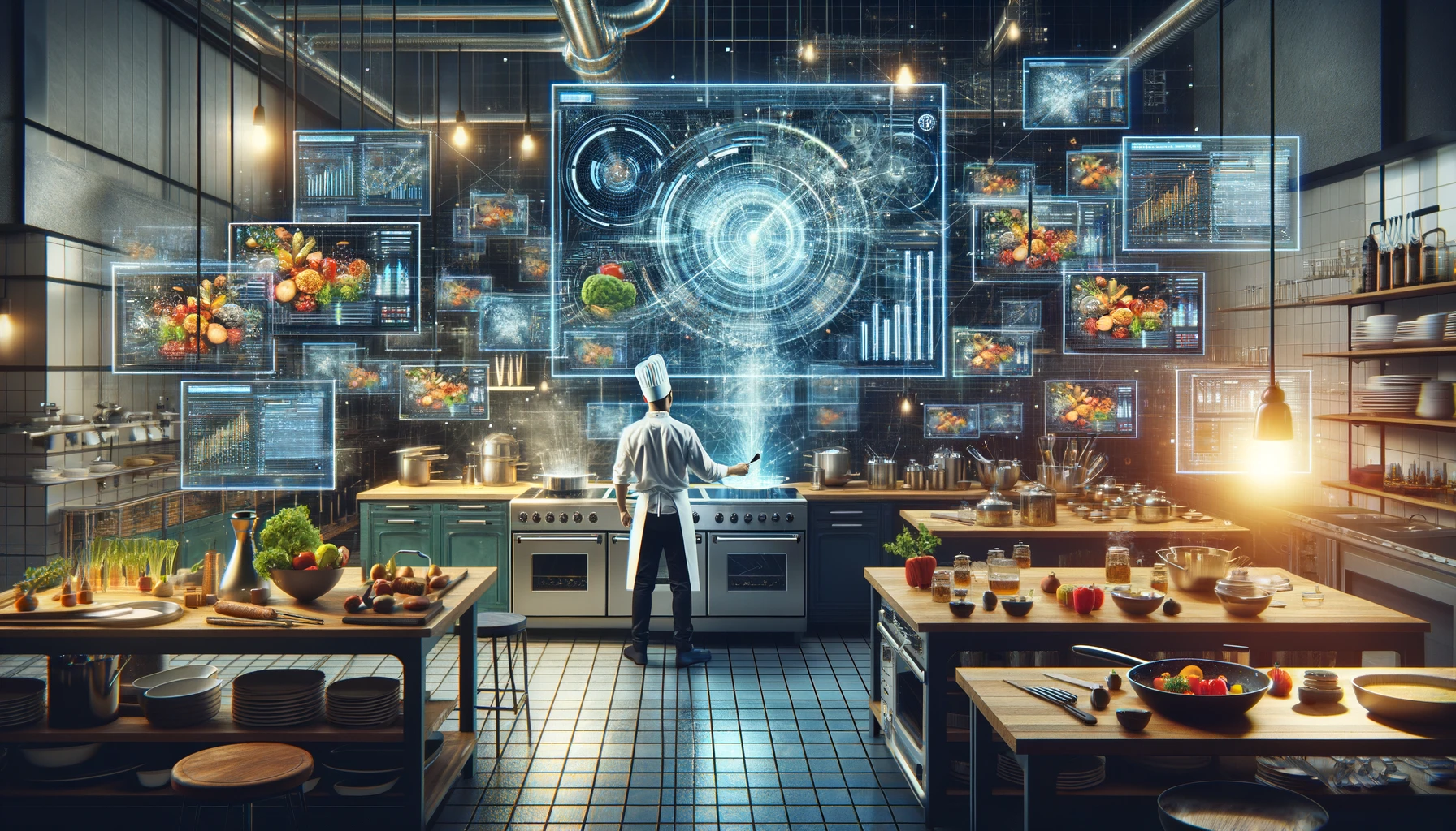 Create another variation of the kitchen scene, focusing on intensifying the presence of digital technology. This time, incorporate an even larger number of digital screens showcasing complex data analytics, graphs, and real-time cooking data. The kitchen should be the epitome of a smart kitchen, with every appliance connected and data-driven, reflecting cutting-edge culinary technology. The chef, amidst this network of technology, remains the focal point, demonstrating mastery over both the culinary arts and the digital realm. The scene should be bustling with activity, yet maintain a sense of order and precision, showcasing the ultimate blend of high technology and gourmet cooking in a professional setting. Maintain the widescreen aspect ratio to capture the full breadth of the tech-savvy kitchen environment.