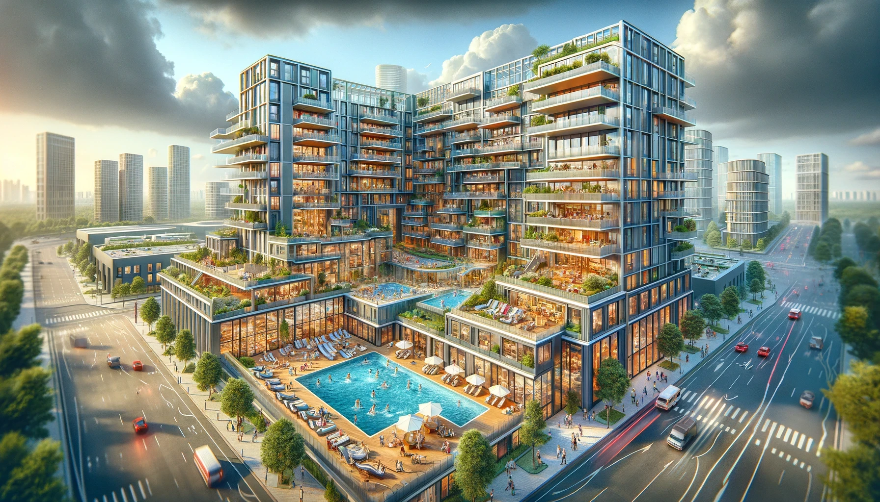A wide-angle, detailed illustration of an ultra-modern luxury apartment complex in the city center, with the scene capturing the vibrant life and advanced facilities of the complex. Residents enjoy amenities like a swimming pool and a golf simulator, amidst communal lounges. The building is in a phase of expansion, with new modules being added to accommodate more residents. People are moving in, bringing a diverse array of furniture and personal items. The complex is bustling with activity, reflecting urban living's complexity and dynamism, without any cars or items on the road. The architecture blends modern design with functionality, showing an open-plan layout and seamless integration of living spaces with leisure amenities. This scene serves as a metaphor for cloud data warehousing's complexities and adaptive nature, highlighting themes of growth, integration, and resource management.
