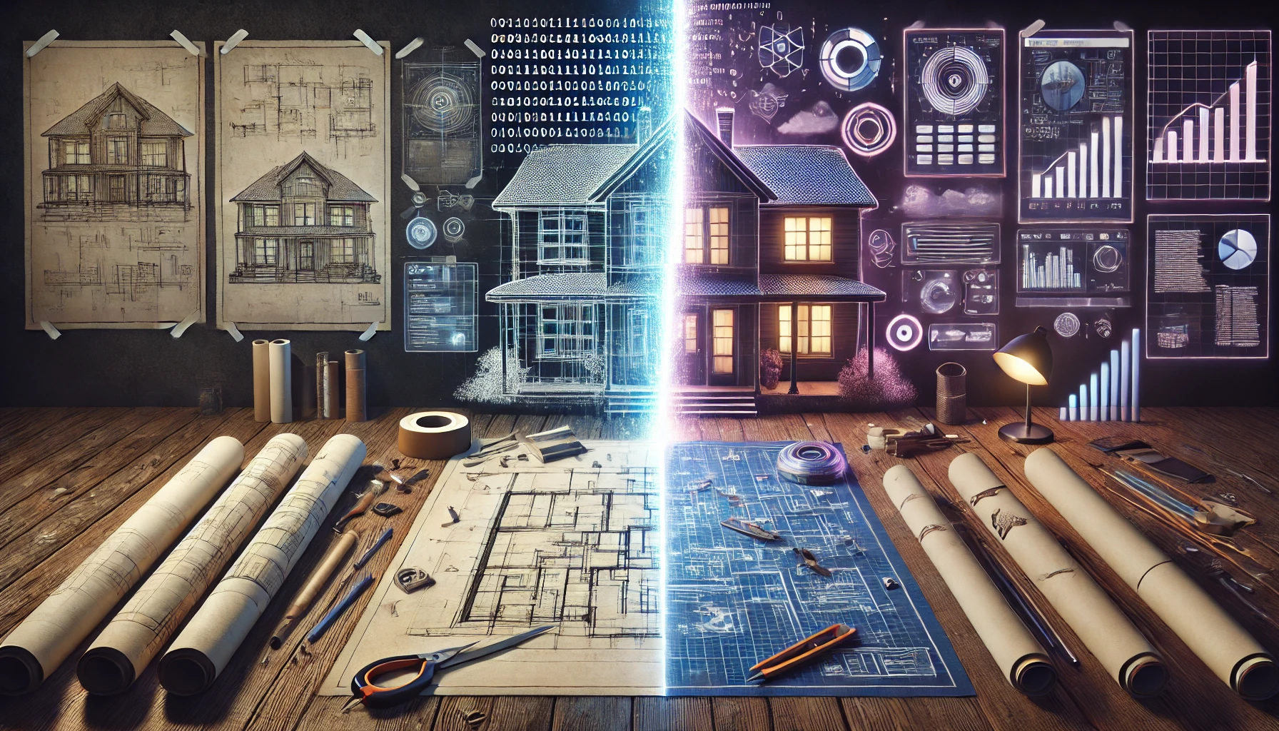 A wide-format digital illustration showing a dramatic side-by-side transformation. On the left side, there's a traditional architectural blueprint of a house, laid out on a table with visible hand-drawn lines, paper textures, construction sketches, and old-fashioned drafting tools like rulers, pencils, and compasses. The scene feels analog and tactile, with muted tones, eraser marks, and pieces of tape holding down the paper. In the center, a vertical beam of glowing binary code and light forms a digital divide, symbolizing the transition from manual to digital. On the right side, the house is rendered in a futuristic, digital style: sleek glowing glass panels, holographic dashboards, smart home devices, and floating data overlays. Walls have embedded data visualizations and automation icons. Cloud storage and real-time analytics icons hover nearby. The entire scene uses a cool palette of blues, purples, and neon highlights, blending architecture with advanced technology.